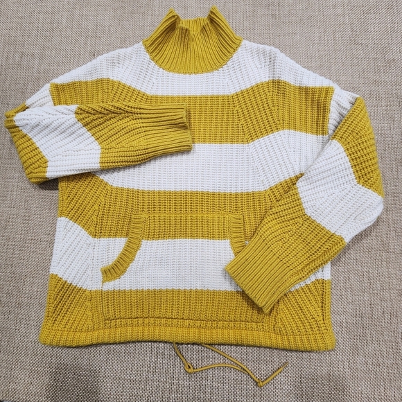 J. Crew Kangaroo Pocket Chunky Merino Wool Yellow Stripe Turtleneck Sweater‎ XL - Picture 1 of 7